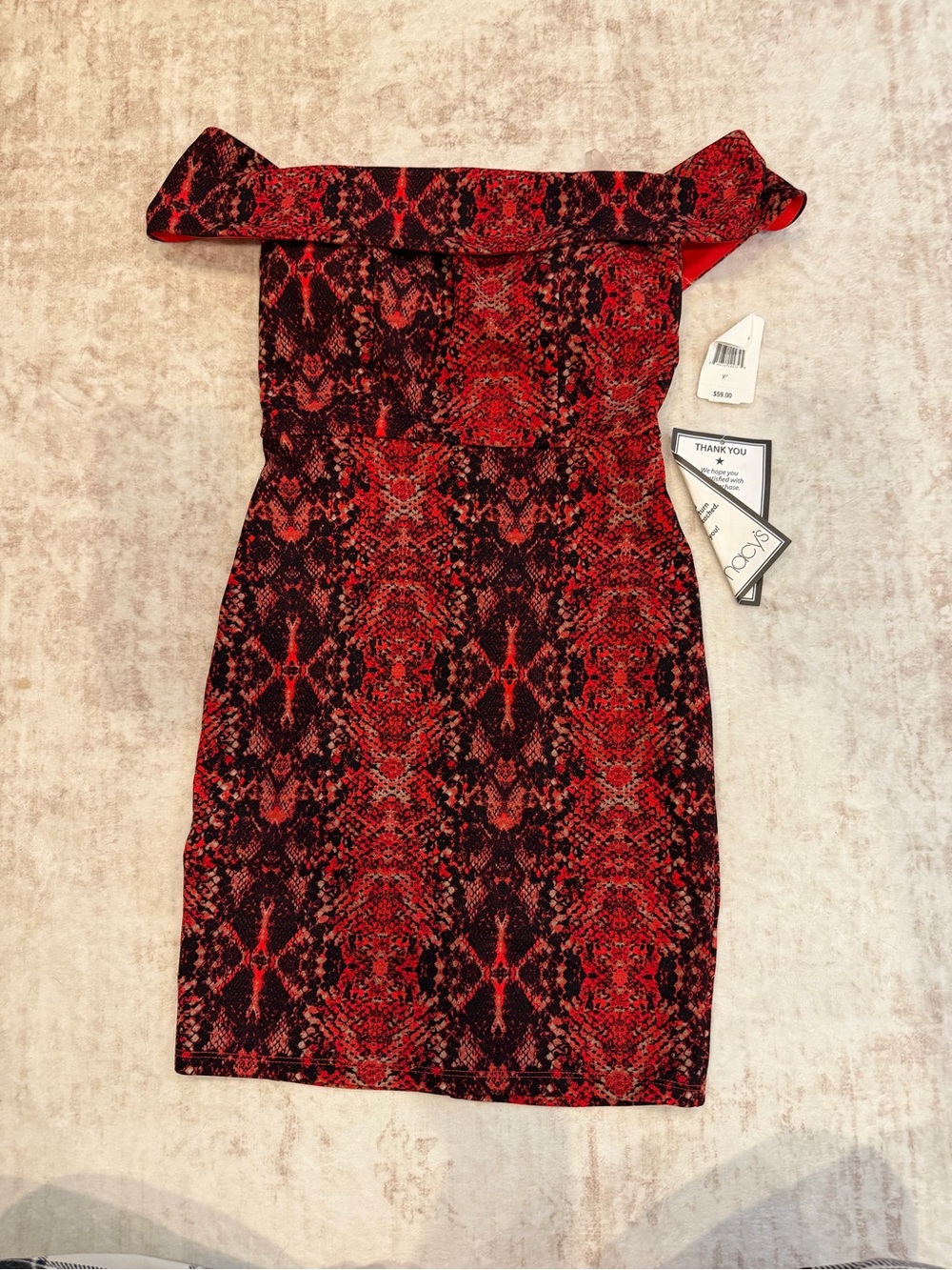 Off-Shoulder Red Snake-Print Bodycon Dress
